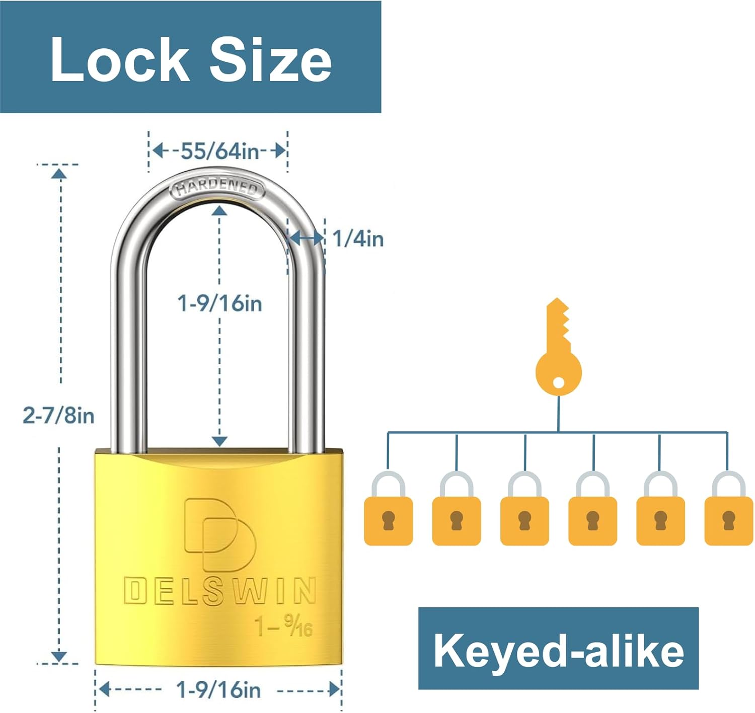 DELSWIN Weatherproof Padlock with Key (Keyed Alike) - Heavy Duty Solid Brass Locker Lock with 1-9/16" Long Shackle, Marine Grade Pad Lock for Outdoor Gate, Fence, Shed (6 Pack)