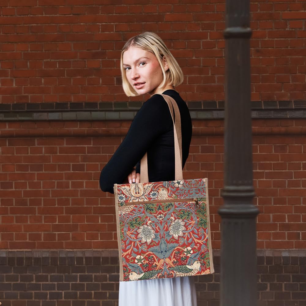 Signare Tapestry Shoulder Bag Shopping Bag for Women with William Morris Strawberry Thief Red (SHOP-STRD)