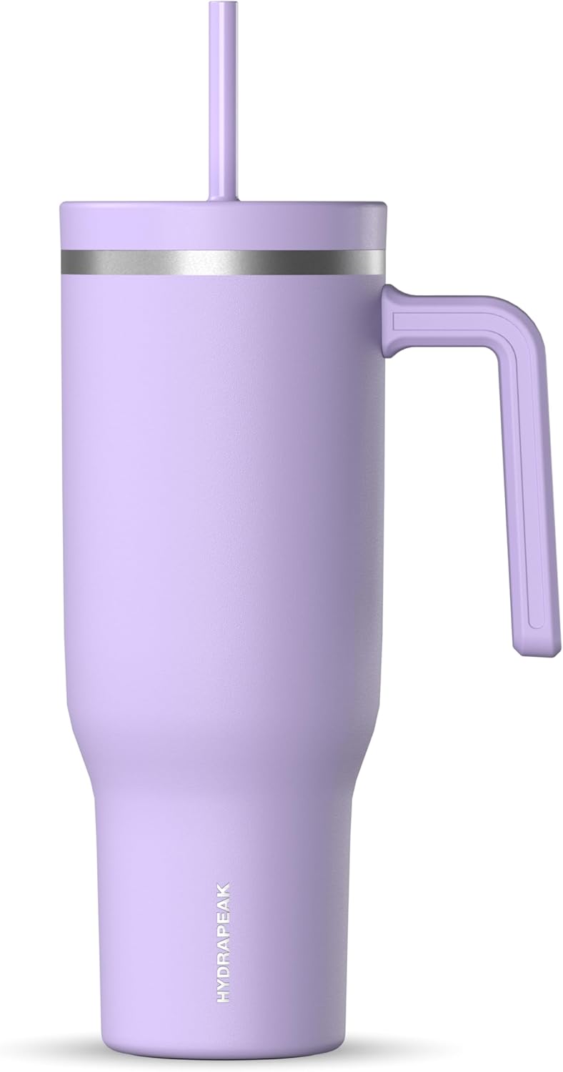 Hydrapeak Voyager 40 Oz Stainless Steel Tumbler with Handle, Insulated Water Bottle With Straw & Lid, Cupholder Friendly Reusable Travel Mug (Lavender)