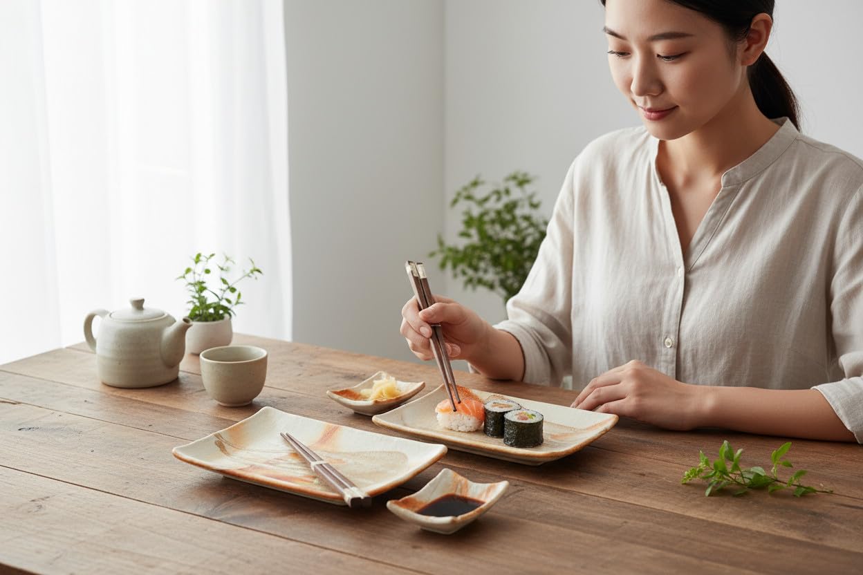 Juego de vajilla para sushi, 6 piezas, juego de sushi para 2 personas, platos de sushi, cuencos y palillos en diferentes diseños asiáticos, fabricado en Japón (bronce)