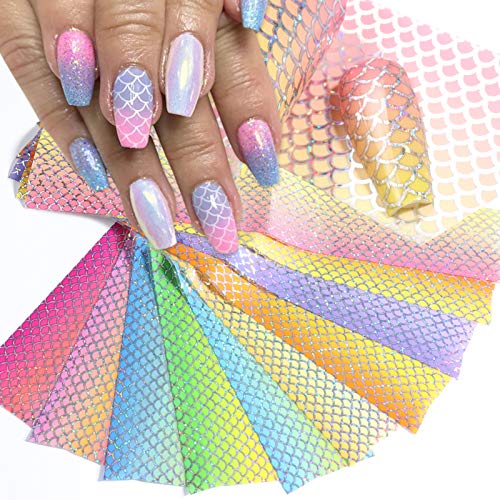 Kalolary 10 Sheets Mermaid Nail Foil Transfer Stickers, Holographic Gradient Iridescent Nail Decals Laser Fish Scales Starry Sky Nail Transfer Glitters Stickers For Women Girls Diy Nail Decoration #TOP8