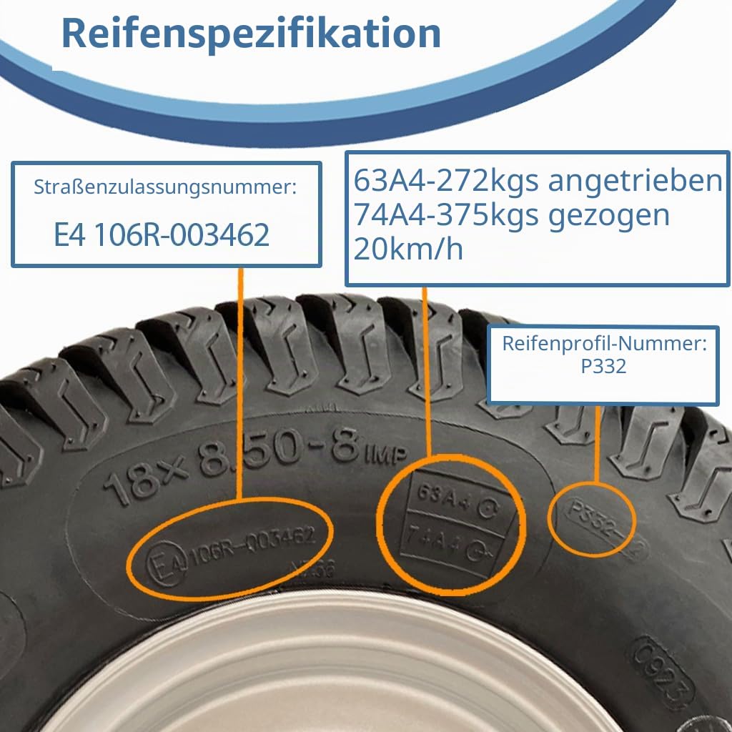 18 x 8,50-8 ATV Anhänger-Kit Wanda P332 Grasmuster Räder ALKO Achsstummel 750 kg
