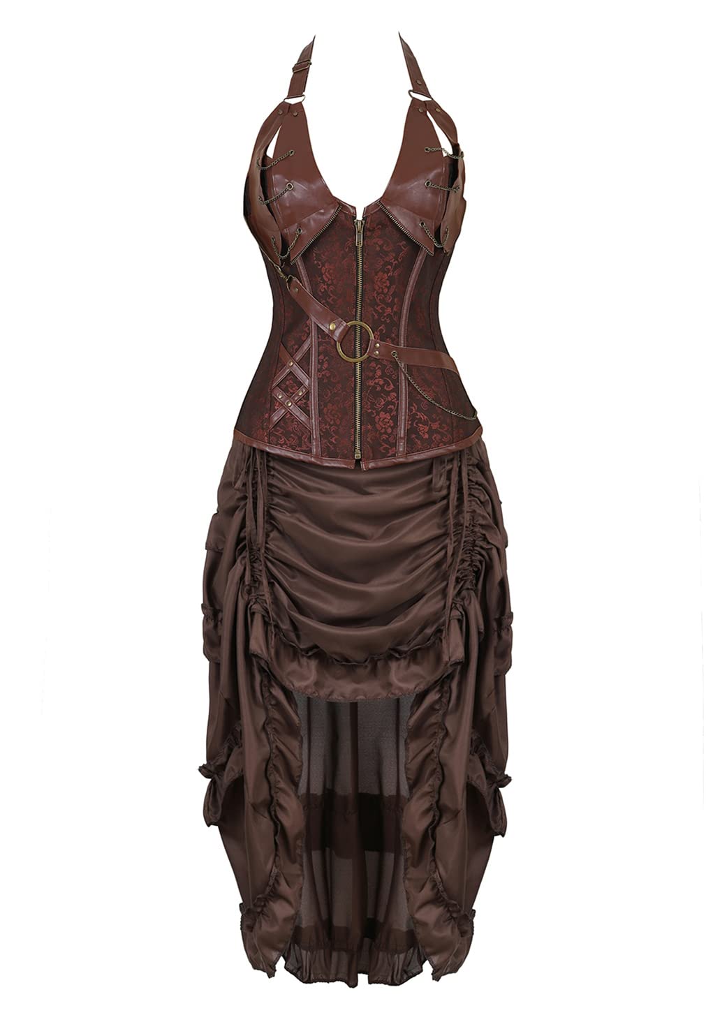 Grebrafan Corset Steampunk Femme Cuir et Jupe Pirate | Déguisement Médiéval Adulte Corset Femme