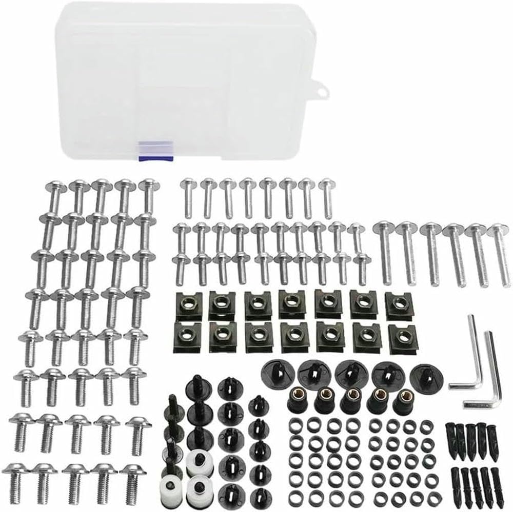 177-częściowy zestaw śrub do motocykli, kompletny do BMW R1100GS, R1100RS, R1100RT, R1100S, R1150, R1150GS, R1150RS i R1150RT. Zawiera wszystkie śruby okładzinowe, nakrętki i śruby ze stali.