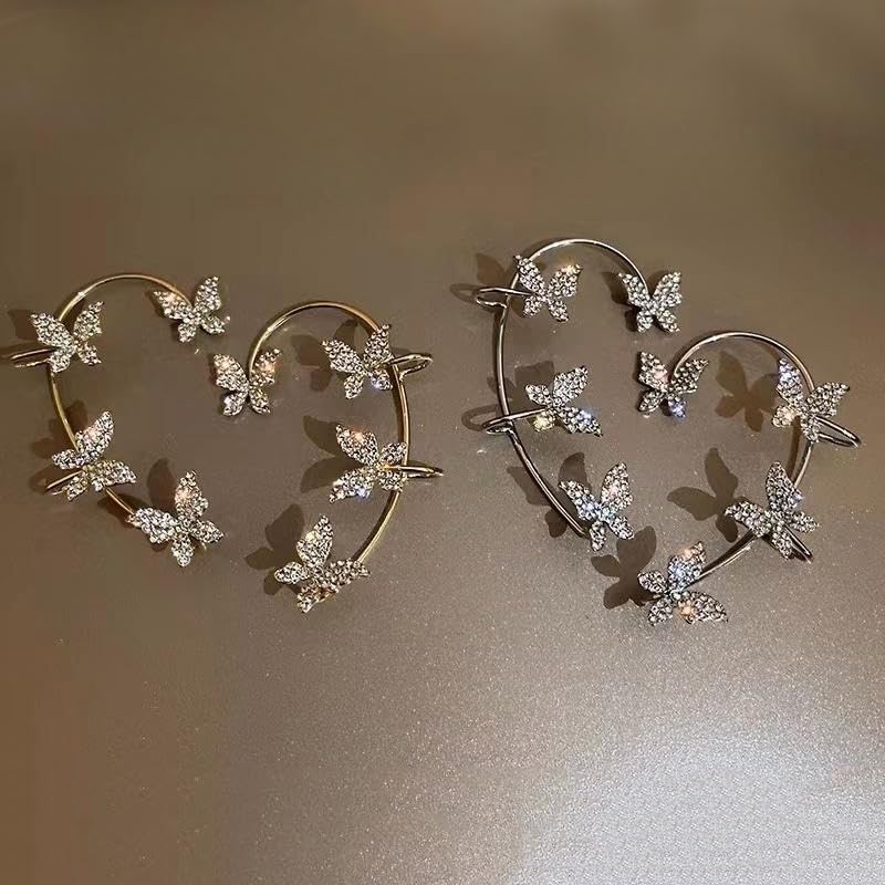 1Pair Butterfly Ear Cuffs, Drop Earrings, Rhinestone Embellished, Fashion Jewelry for Women, Trendy Accessories for Casual Wear, Stylish Dangle Earring for Everyday Use (Silver)2