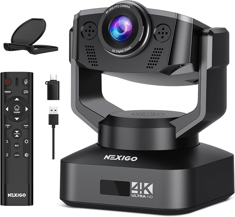 Certificación de zoom, cámara web PTZ 4K NexiGo N990 (Gen 2), sistema de cámara de videoconferencia con zoom digital 5X, sensor Sony_Starvis, posición preestablecida, micrófonos estéreo duales, conectores de audio de 3,5 mm para micrófonos externos