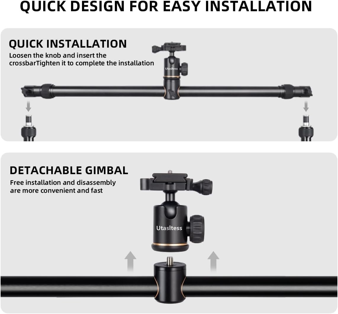 Overhead Camera Mount, 15KG Max Load, Desktop Rig with Sliding & Rotating Ball Head, Adjustable Height/Width, Dual 1/4" Light Mounts for Product Photo, Live Stream & Content Creation