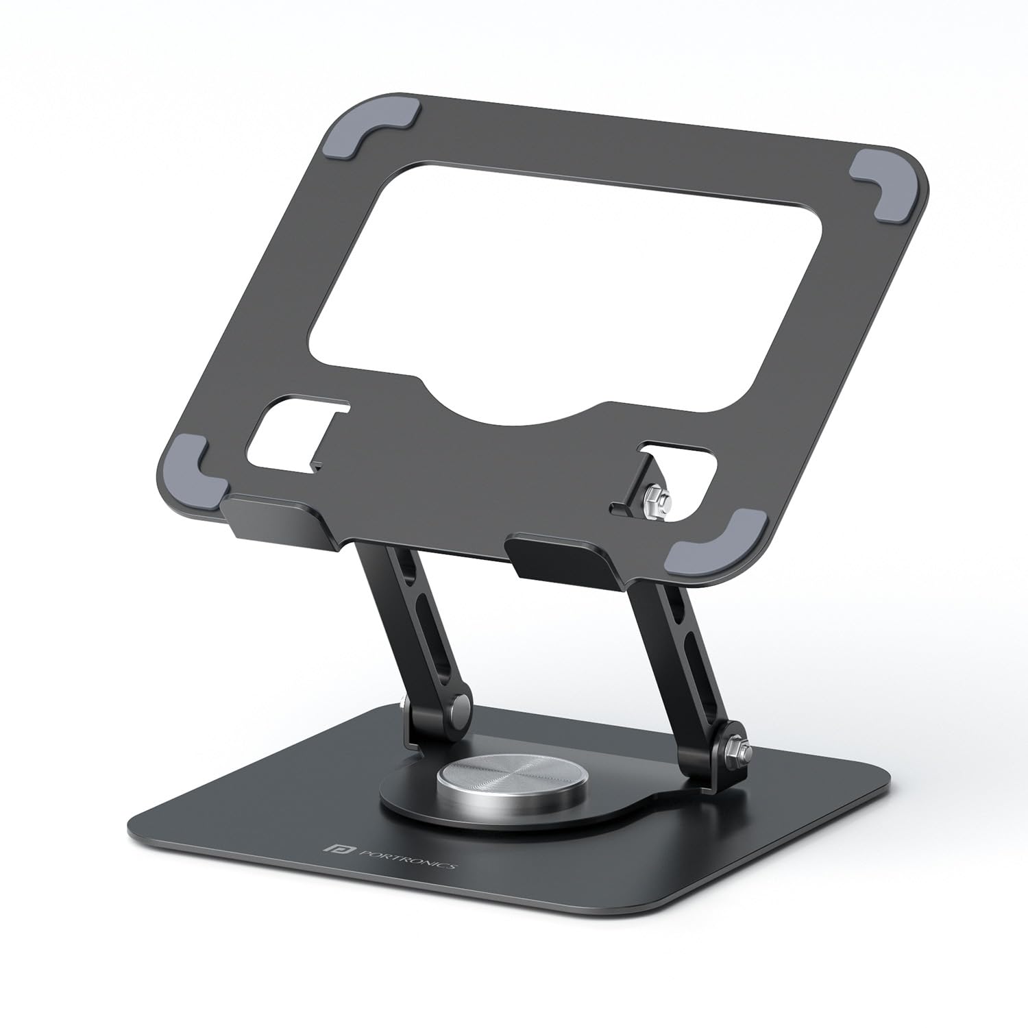 Portronics My Buddy A1, 360° Rotating Metal Tablet Stand with Adjustable Height/Angle, Anti-Slip Pads, Supports Devices Up to 12 Inches (Grey)