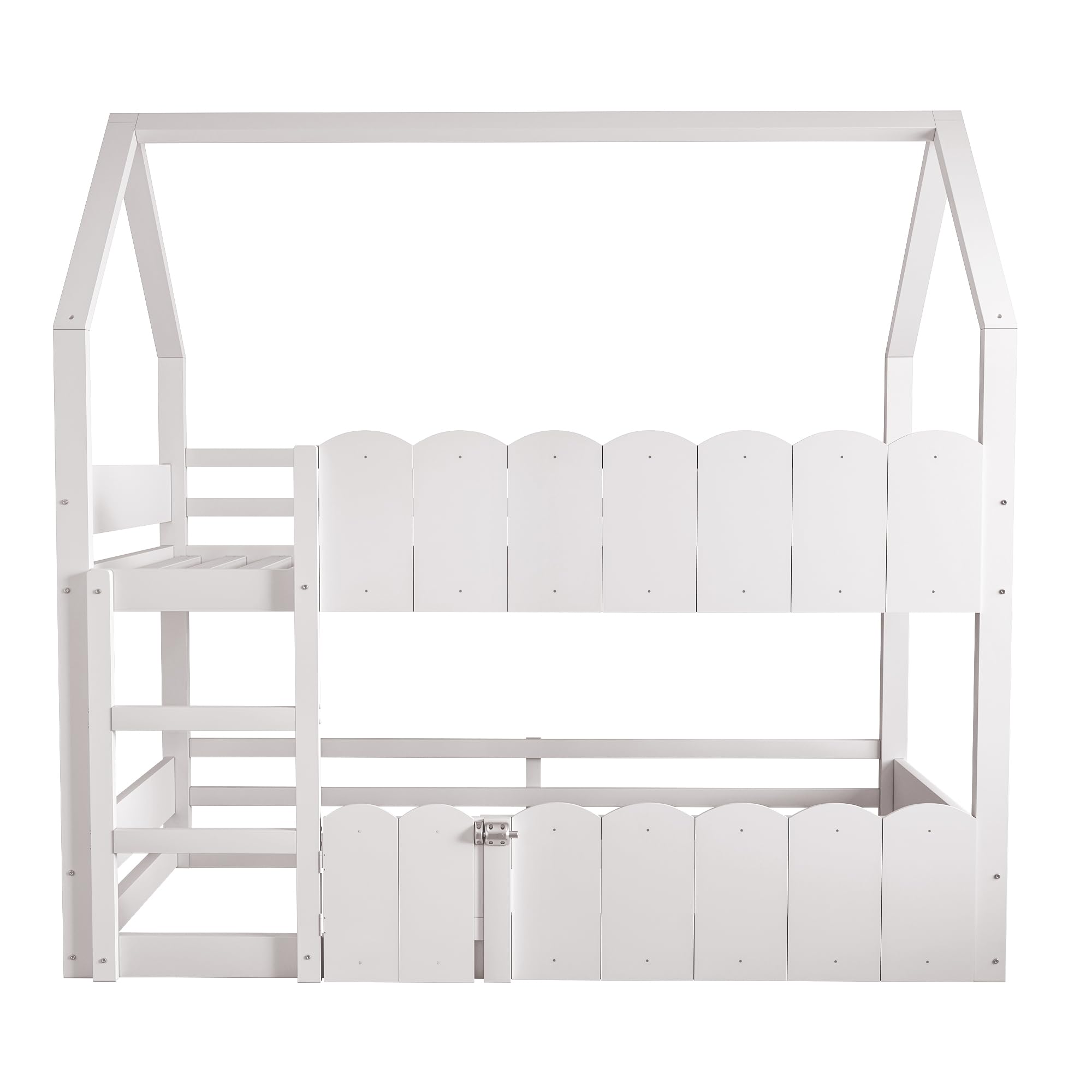 Etagenbett 90x200 cm, Kinderbett mit Fenster | Ohne Matratze, Stockbett mit Sicherheitsgeländern, Holzbett mit Hausförm, Bett für Kinder Mädchen Weiß