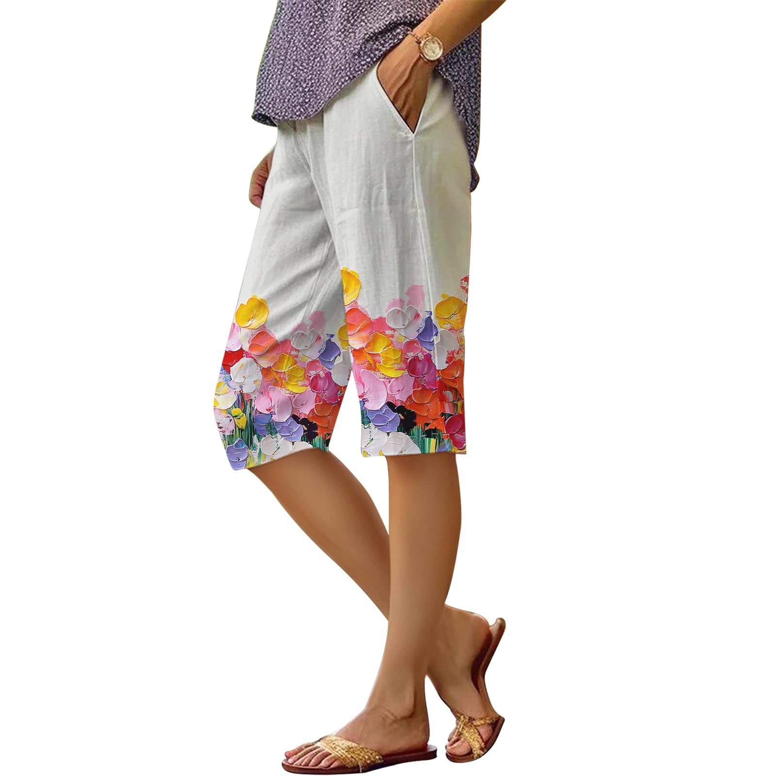 Womens Summer Beach Bermuda Shorts Floral Oil Painting Loose Casual Knee Length Wide Leg Gym Athletic Pants with