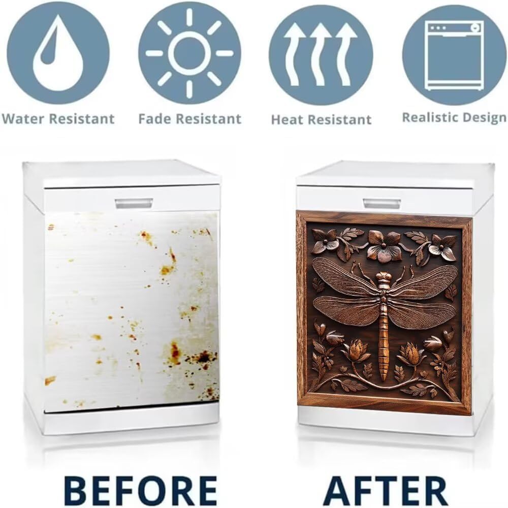Vintage Wood Dragonfly Dishwasher Magnet Cover, Rustic Farm Dragonfly Magnetic Barn Door Panel Decal,Decorative Magnet Sticker for Dishwasher, Refrigerator, Washing Machine, 23Wx26H Inches