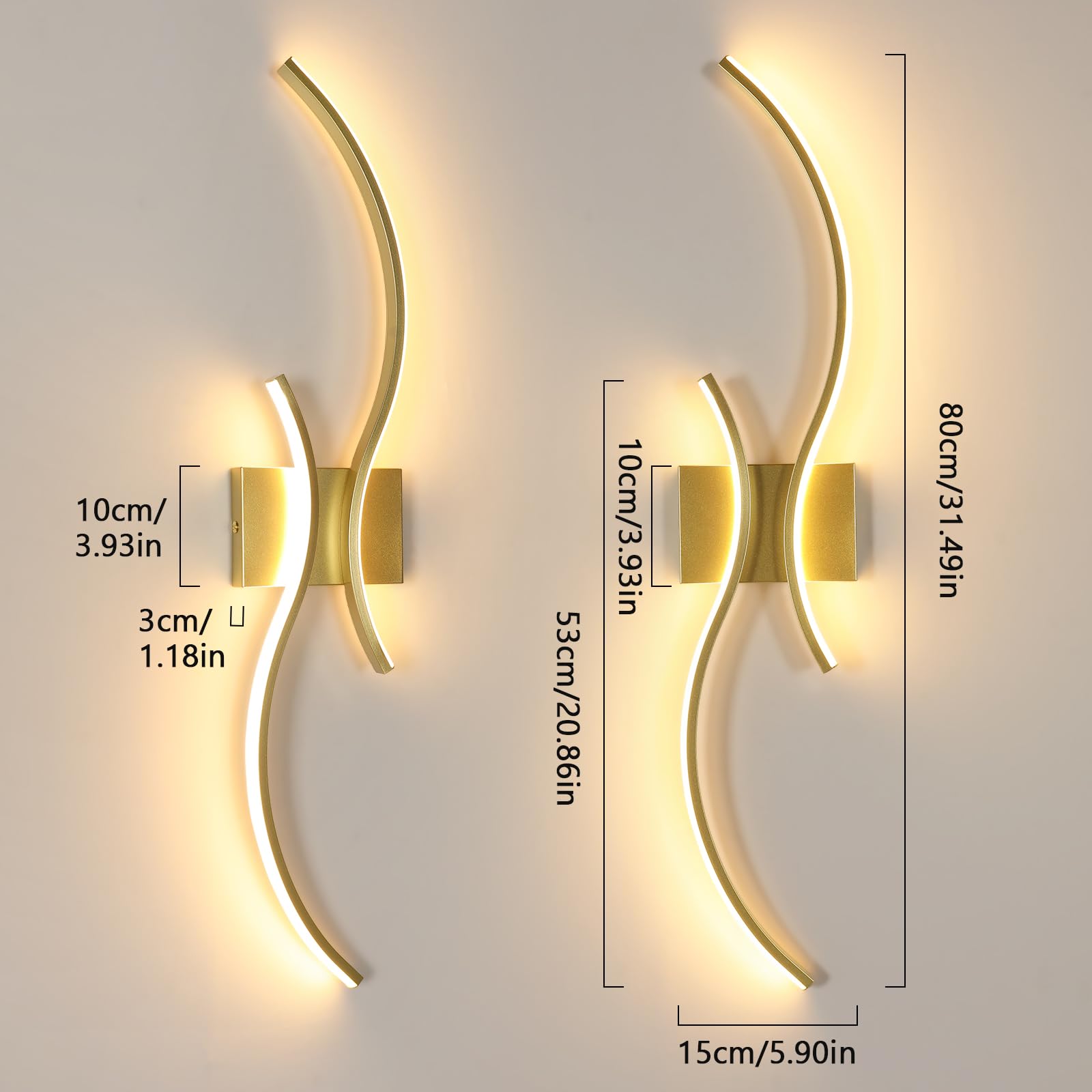 Goeco Applique LED da Parete Interni, 32W 80 CM Luci da Parete Dimmerabile Lunga con Telecomando 3000K-6500K con 2 Luminosi Ondulati per Soggiorno, Camera da Letto, Dorato