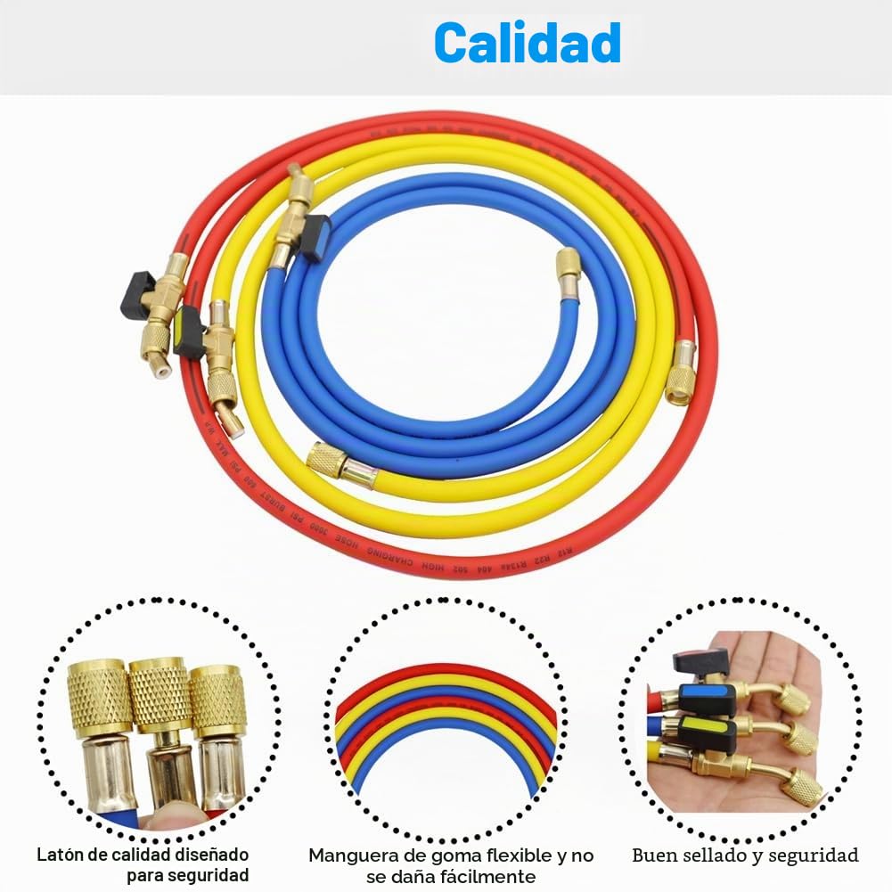 Mangueras de Carga de Refrigerante A/C de 1,6 M con Válvulas de Bola HVAC 1/4 Pulgada SAE Aptas para la Adición de Refrigerante R134A R12 y Aire Acondicionado