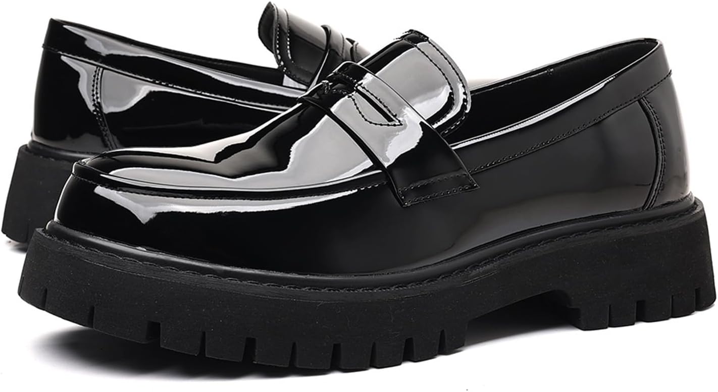 Mens Leather Platform Chunky Slip-On Penny Loafers Classic Business Casual Formal Work Shoes Bright black,25.0cm