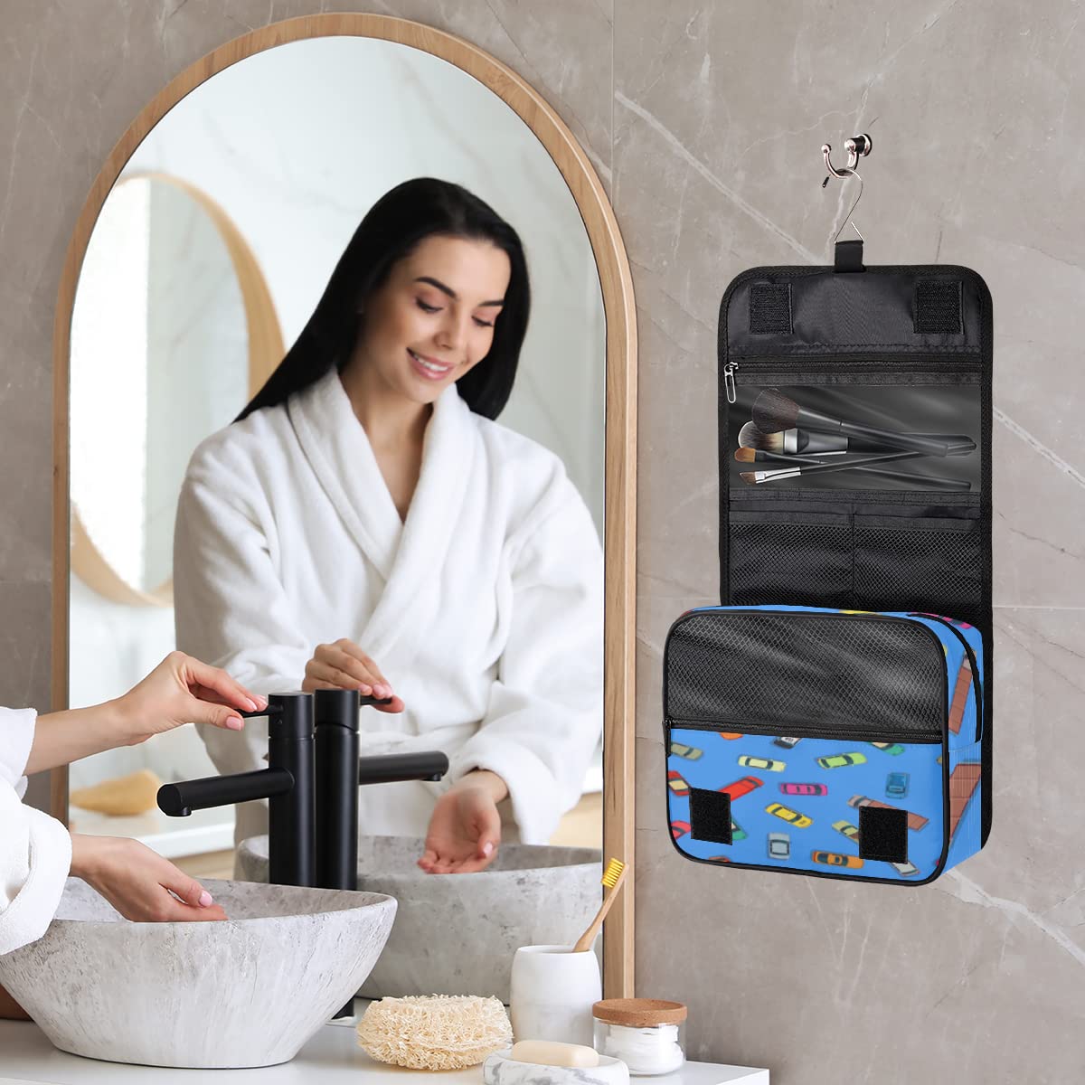 Samochody Podróżna kosmetyczka Kreskówka Transport Samochody Mycie Torba Unisex Wiszące przybory toaletowe Kosmetyczka Organizer do makijażu, wielobarwny, Jeden rozmiar