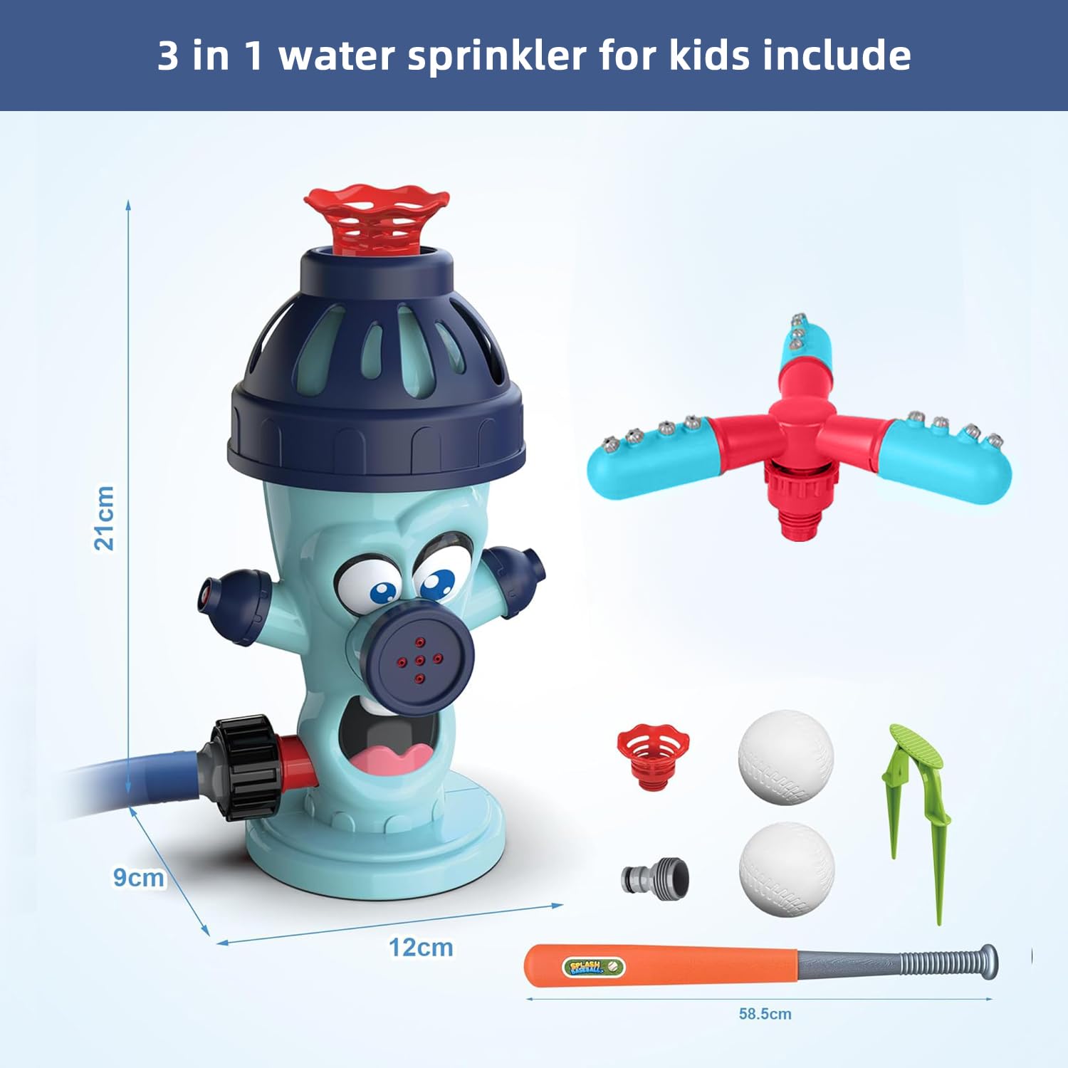 3 in 1 Water Sprinkler for Kids?Hydrant Sprinkler with Baseball & 360 °Rotating