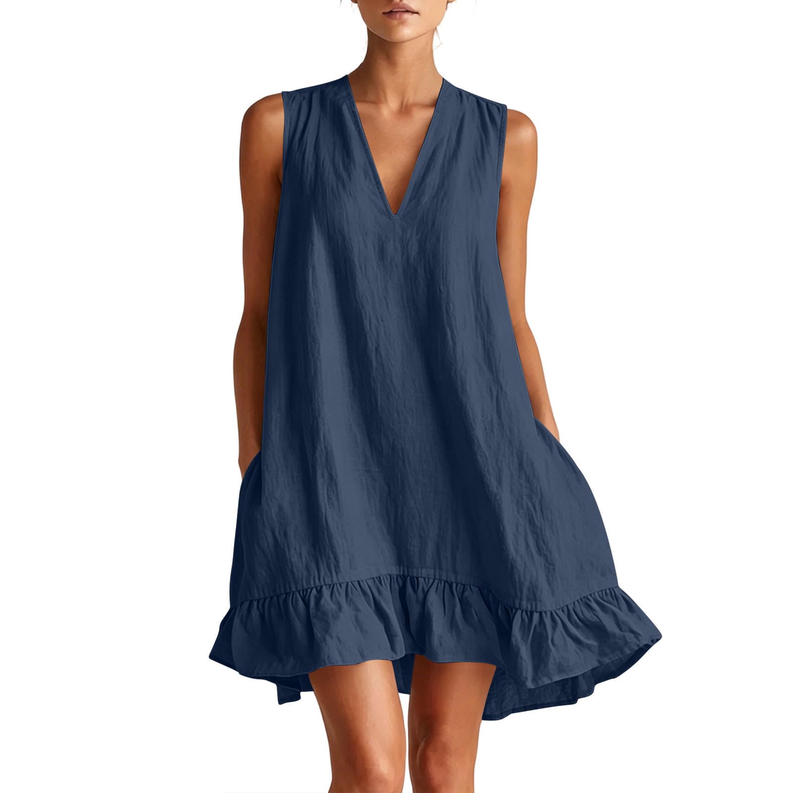 Sommerkleider Damen Ärmellos T-Shirt Strandkleid Leichte Lässige Taschen Boho Tank Kleid Minikleid Kurz Sommerkleid Baumwolle Leinen Kleider Leicht und Luftig Freizeitkleid Rüschenkleid