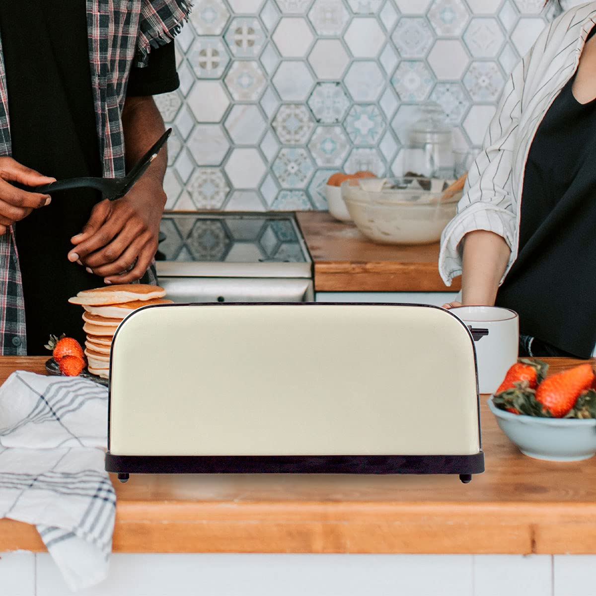 PRIXTON Tostadora Bianca Pro, Tostador con 2 Ranuras para 4 Tostadas, Potencia 1500 W, 7 Niveles de Tostado, Pantalla LCD con Temporizador, Función Descongelar, Recalentar, Acero Inoxidable