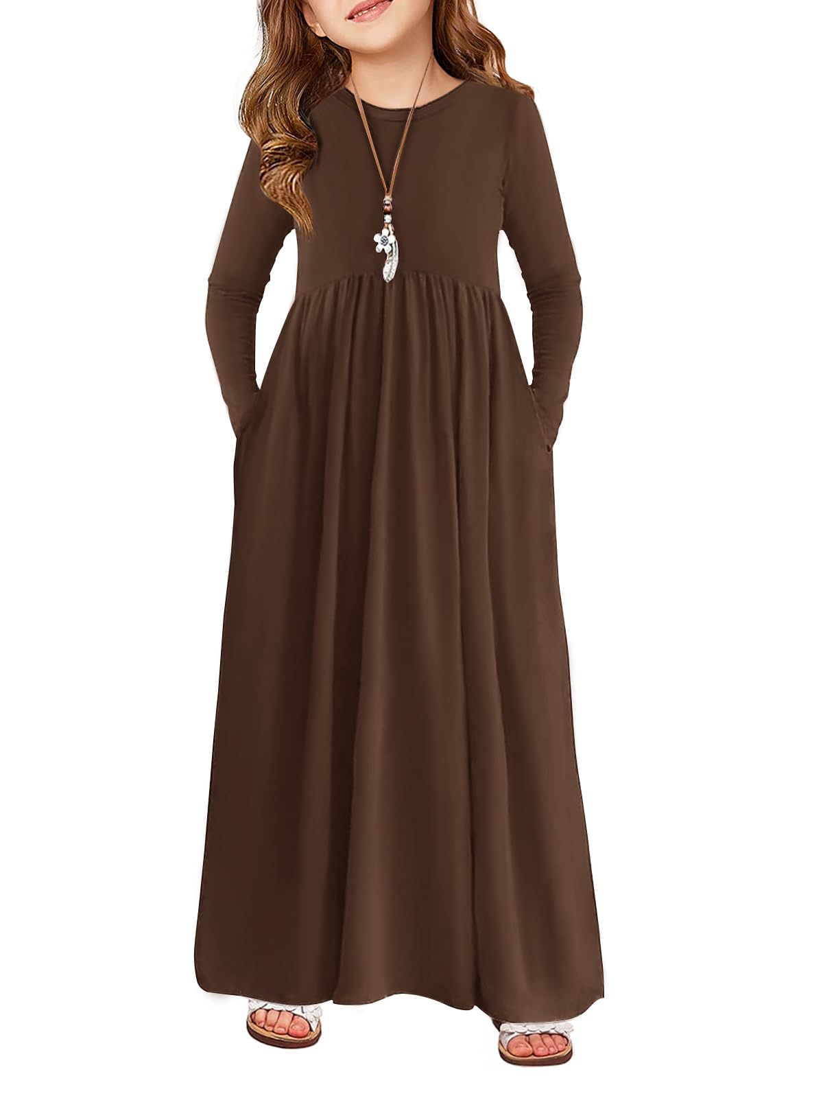 Haloumoning Girls Maxi Dress Long Sleeve Casual Holiday Dress with Pockets for 5-14 Years