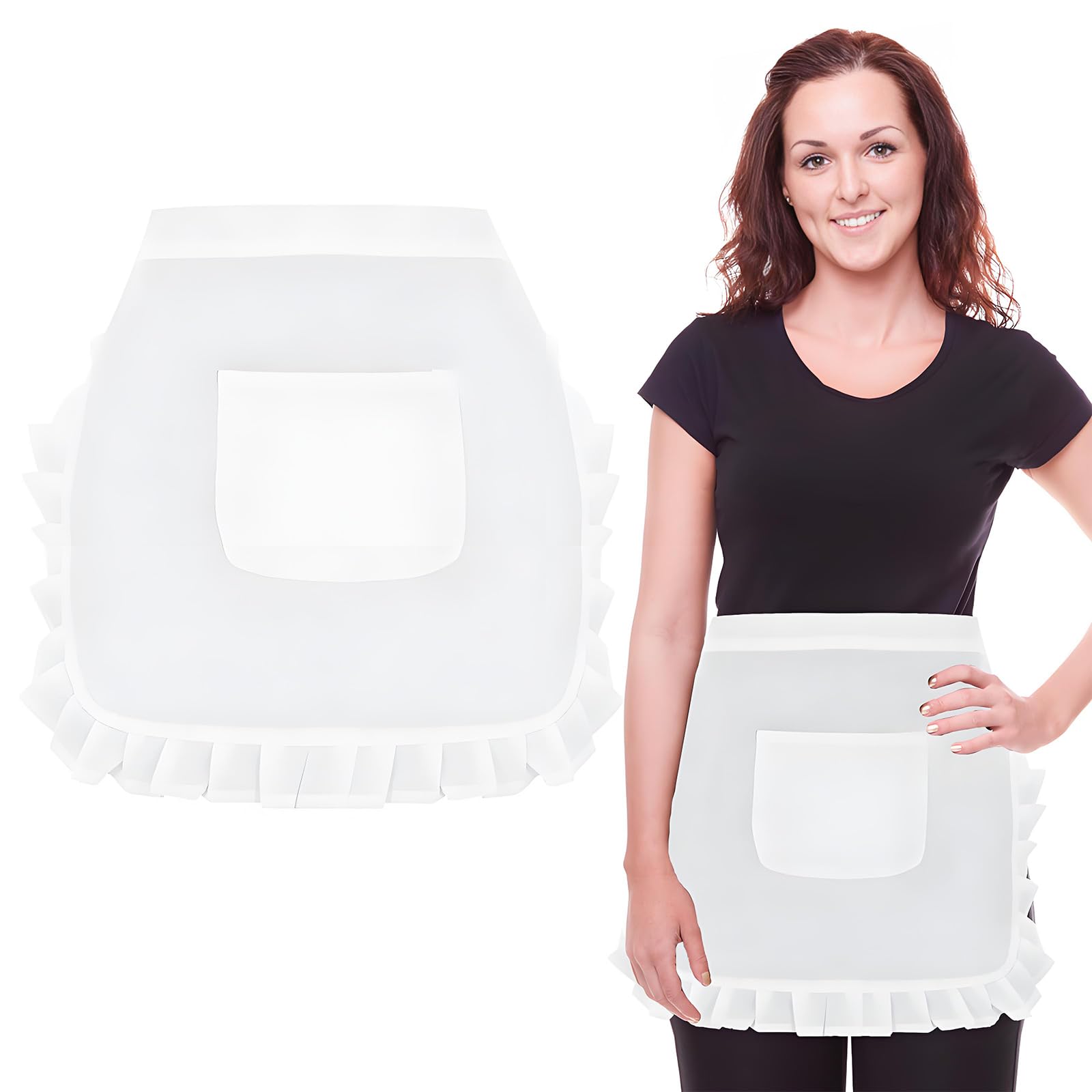 SwirlColor Taille Schort Met Zakken - Schattig Half Schort Voor Dames, Bloemen Korte Taille Serveerster Dienstmeisje Kostuum Voor Keuken, Koken, Bistro, Restaurant, Coffeeshop - Wit, Eén Maat