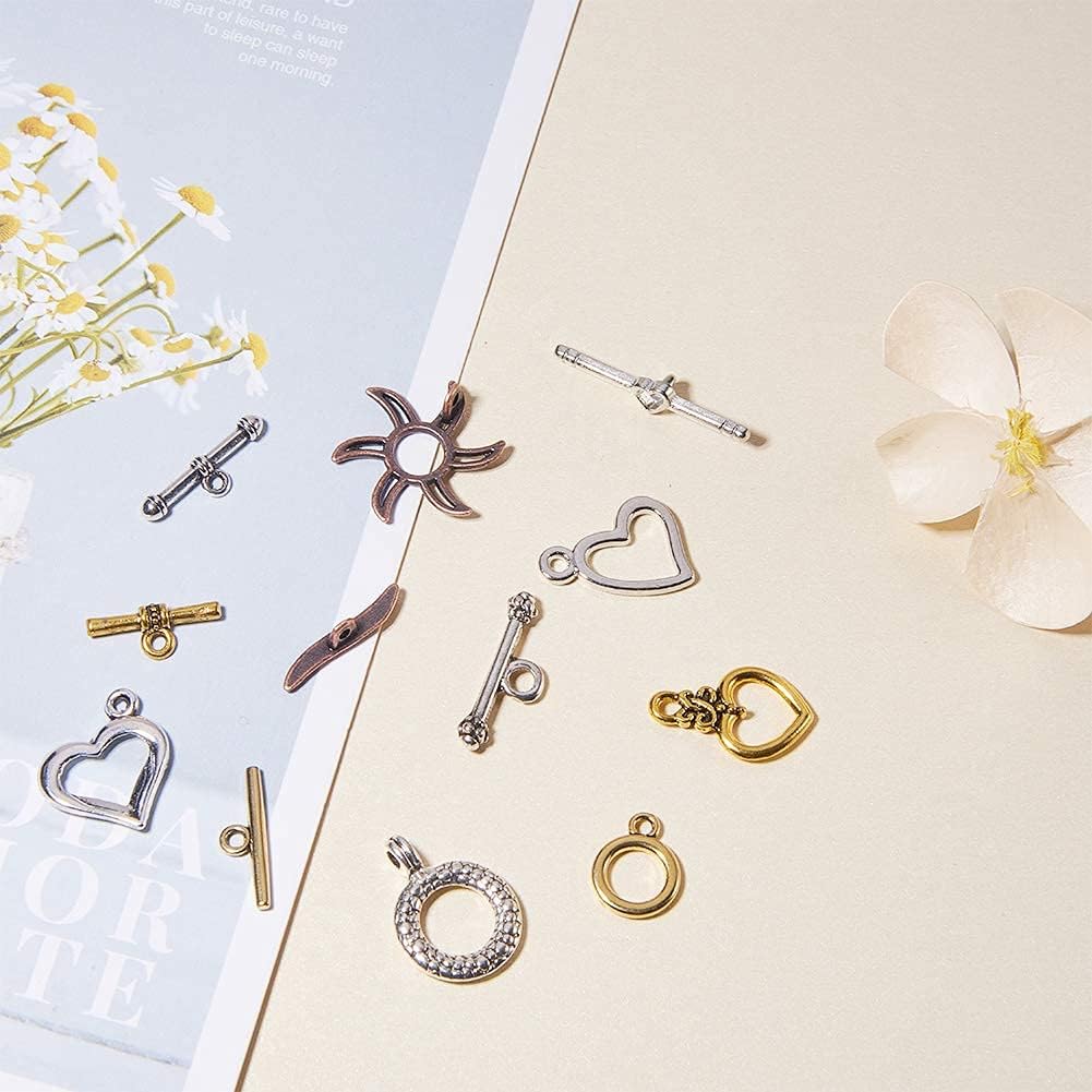 PH PandaHall 100 Sets Toggle Clasps T-bar Closure Clasps IQ Toggle Clasps Tibetan Alloy Toggle Jewelry Clasps Metal Bar and Ring Clasps Connectors for Necklace Bracelet Jewelry Making, Random Mixed
