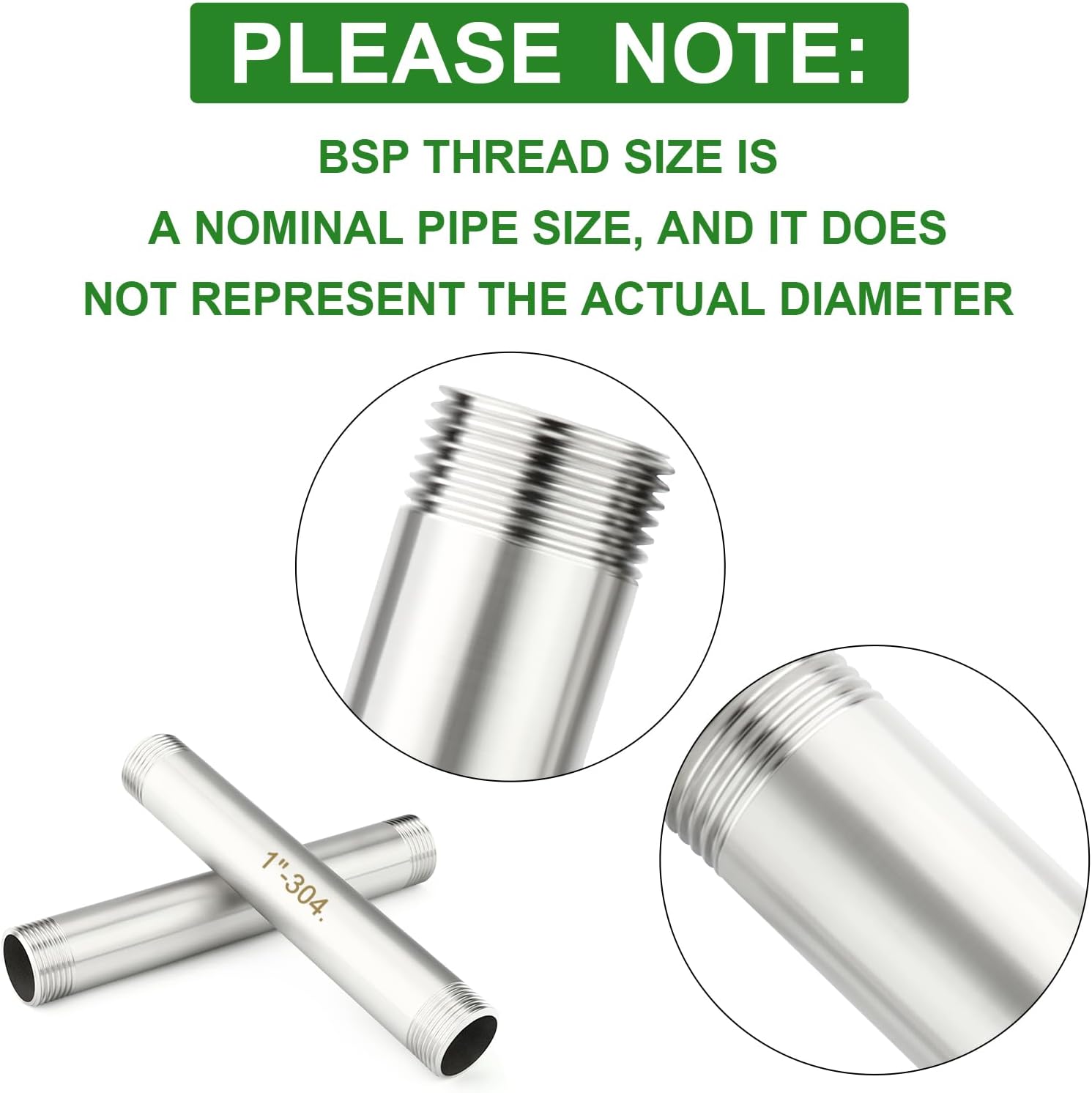 TAISHER 2PCS Stainless Steel Pipe Fittings, 1" BSP Male x 1" BSP Male Threaded, 8" Length Thickened Nipple Cast Pipe