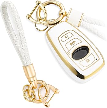 for Subaru Key Fob Cover with Leather Wrist Lanyard, Upgraded Soft Case for Forester XV CrossTrek Ascent Outback Legacy Impreza STI WRX BRZ Shell Gold Edge, A