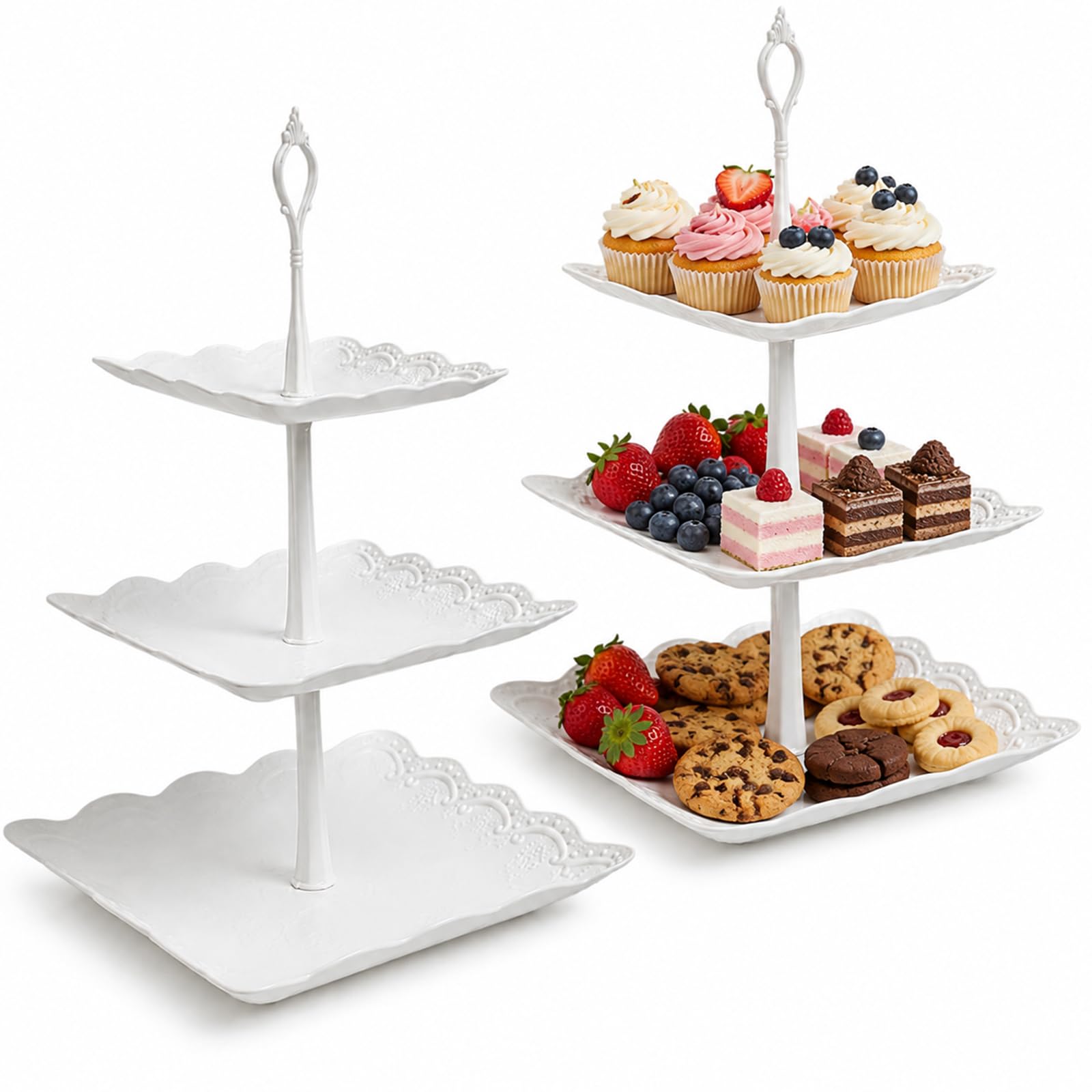 FEITONGFX 3 Tiers Cake Display Stand, 2 Pcs White Afternoon Tea Stands