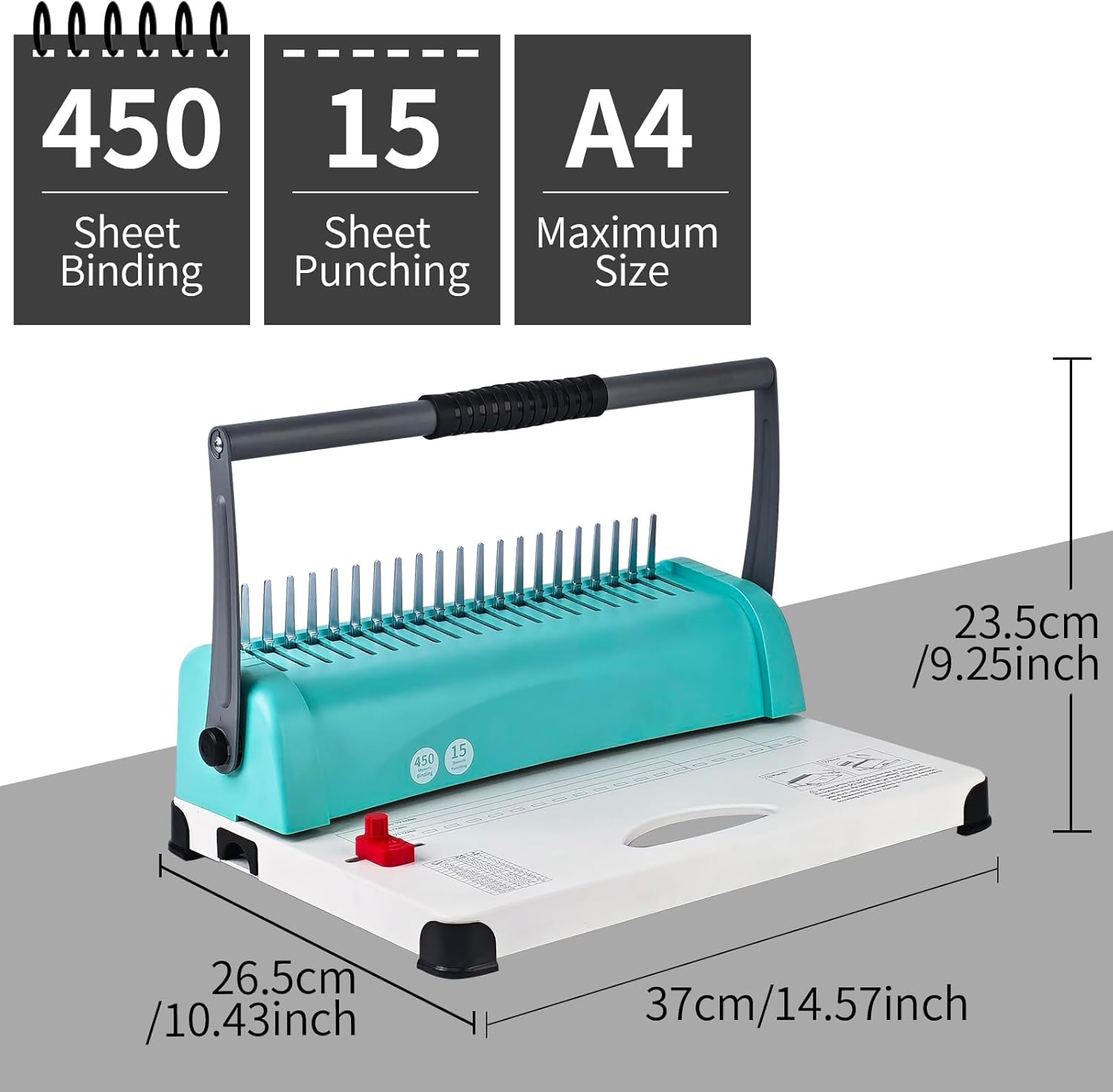 Comb Binding Machine, 21-Hole, 450 Sheets Capacity, Punch up to 15 Sheets, Punch Comb Binder Machines for Letter Size A5/A4 Paper with 100pcs 1/4" Binding Spines Double Handles