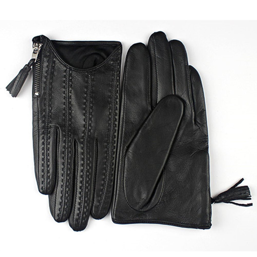 Women Gloves Real Leather Black Wrist Short Zipper Fringe Tassel