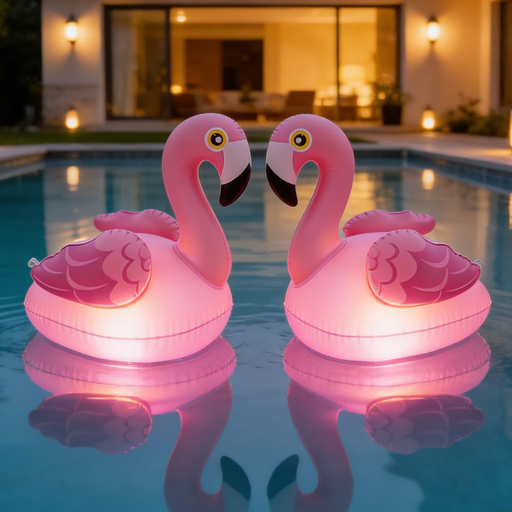 Mineup Flamingo Pool Lichter Schwimmend, 2 Stück Solar Poolbeleuchtung Schwimmend, Aufblasbare Flamingo Schwimmende, IP68 wasserdichte Solarlichter für Garten, Schwimmbad, Strand, Rasen