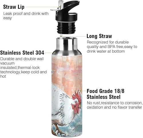 Miniatura 2 de Botella de agua con patrón de gallo de doble pared de acero inoxidable a prueba de fugas, termo para deportes, gimnasio, ciclismo al aire libre, 20