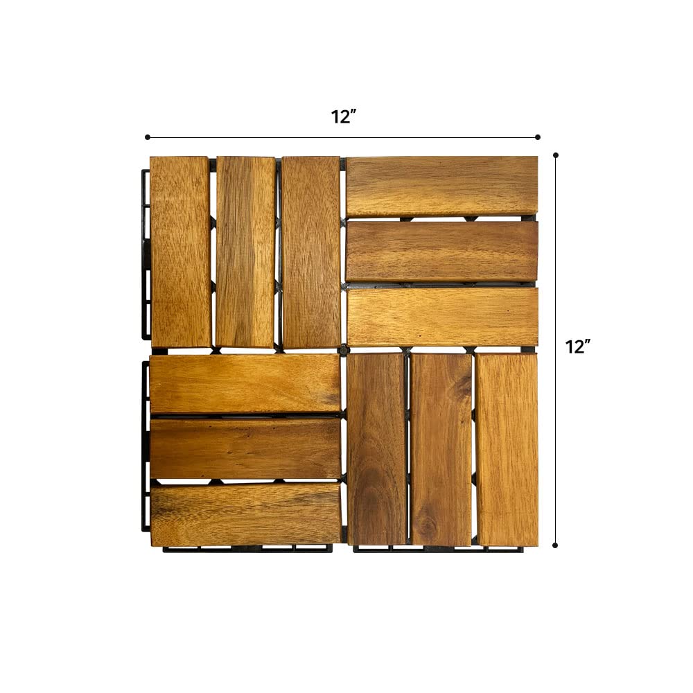 Acacia Hardwood Interlocking Deck Tiles - Oak Grid - 12 inchx12 inch 9pcs - Floor Tiles for Patio and Deck Use Natural Wood Outdoor Decking and Flooring, Rain and Weather Resistant, Heavy Duty: Tools & Home Improvement
