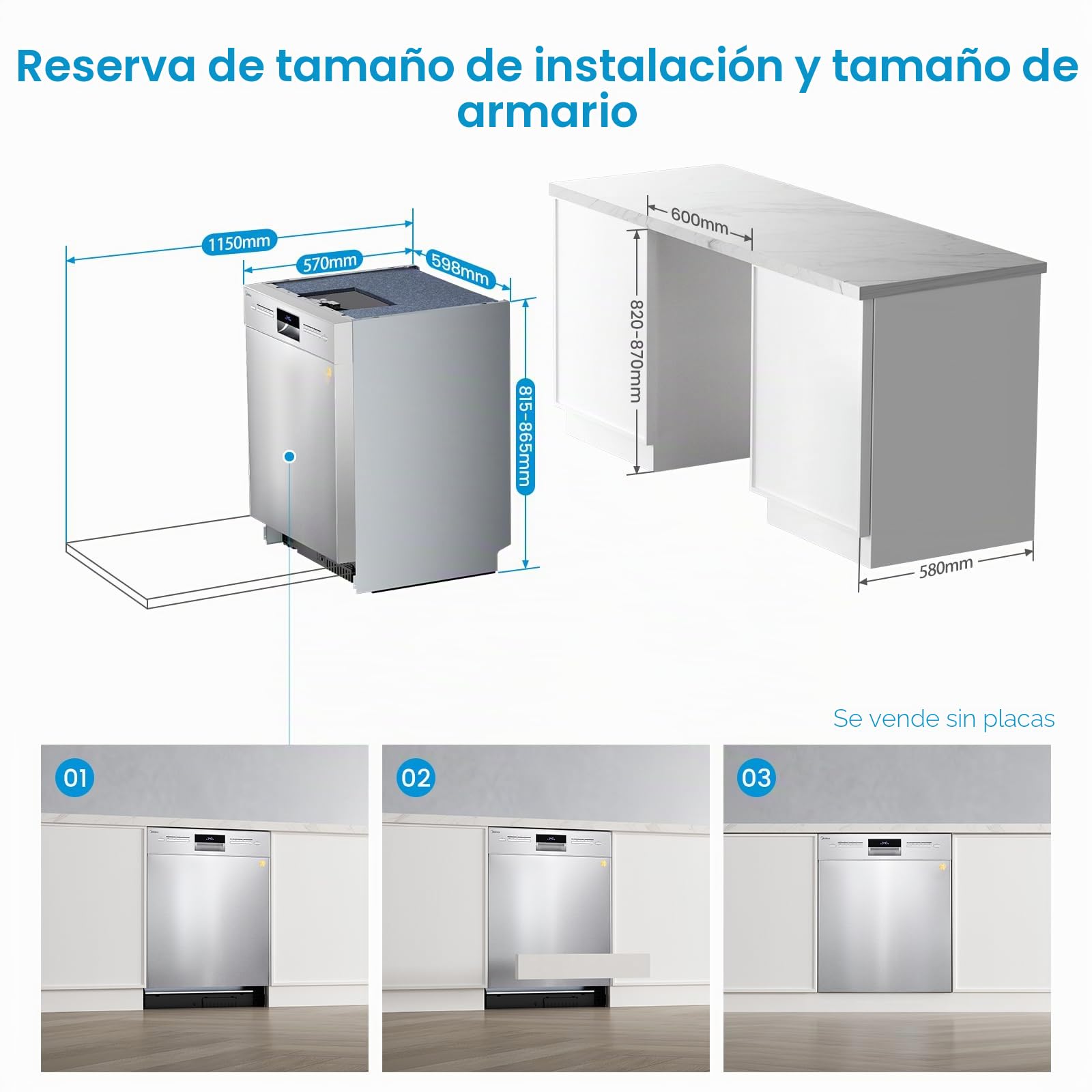 Midea SU 7.35 x 14BS Lavavajillas 60 cm Base 14 cubiertos Lavavajillas Parcialmente Integrado con WiFi, Secado Extra, 8 Programas, 42 dB, 1-24 Horas Inicio Retrasado, Acero Inoxidable