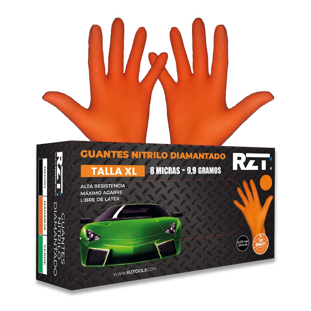 Guantes de Nitrilo Desechables Naranja | Guantes Extra Gruesos con Textura Diamante | Guantes para Taller y Montaje de Alta Resistencia Desechables | Tamaño S, L, M y XL (50, XL)