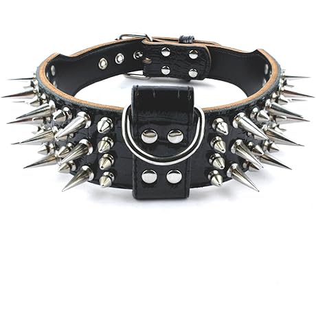 Pet Artist 2" Wide Luxury Genuine Leather Spiked Studded Dog Collar For...