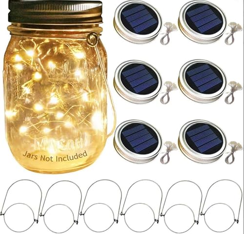 Solar Mason Jar Lights, 6 Pack 20 LED Waterproof Fairy Firefly Jar Lids String Lights with Hangers(NO Jars),Festival Garden Shed Windows Party Decor Lanterns String Outdoor