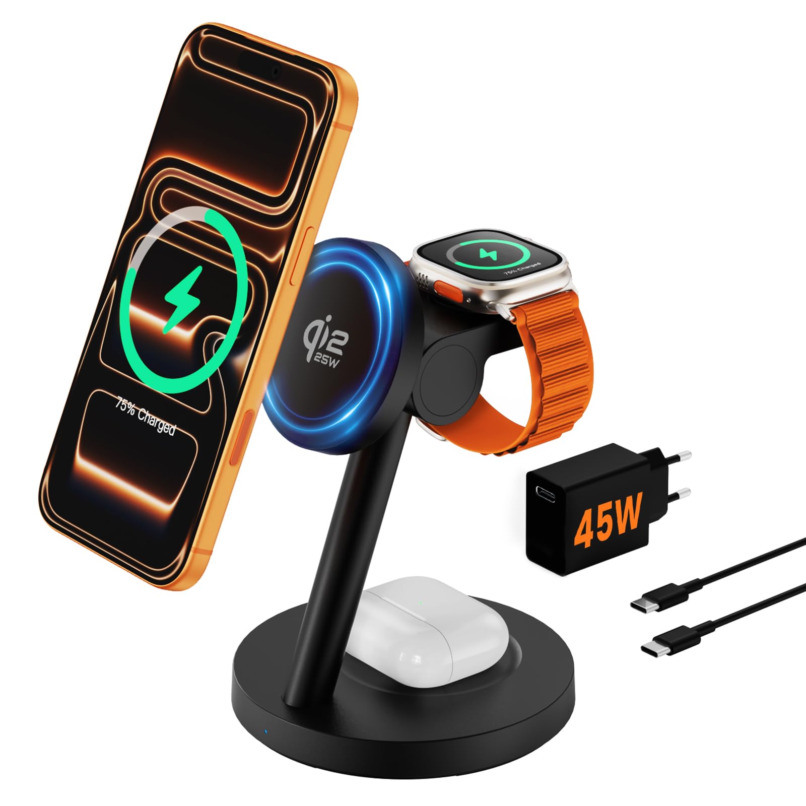 JoyGeek Ladestation Qi2.2 25W für iPhone 17/16 – Magnetisches 4-in-1 Induktion Schnellladegerät für AirPods, Apple & Samsung Watch, Nachttisch & Schreibtisch + 45W Adapter