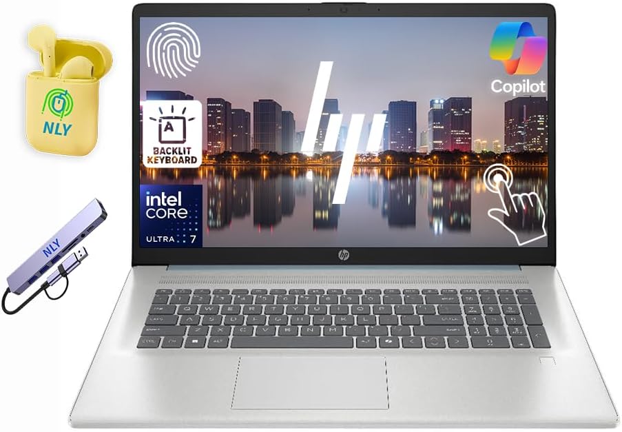HP 17.3″ Touchscreen Laptop Computer, 12-core Intel Core Ultra 7 255U Processor, 16GB RAM 1TB SSD, Windows 11, Fingerprint Reader, Backlit KB, NLY Earphones & 8-in-1 Hub Included, Moonlight Blue