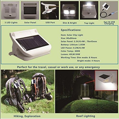 Miniatura 9 de Linterna solar portátil LED con clip, linterna USB recargable, lámpara de jardín para campamento al aire libre, paquete de 2