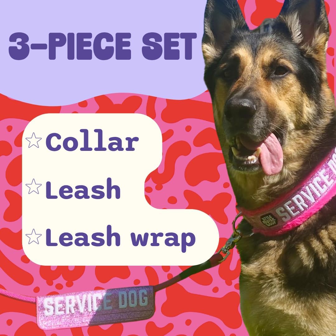 Service Dog Collar, Leash & Wrap Set – Pink Sparkly Minky – Adjustable for Medium & Large Dogs – Durable Statement Design for Dogs that Stand Out (M: 17–19”)
