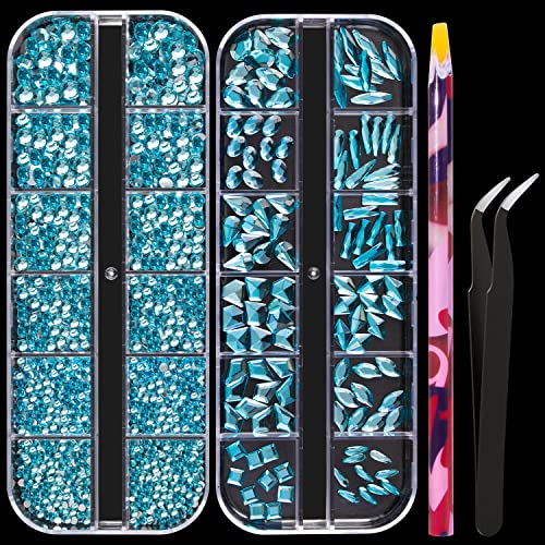 Multi Shapes Lake Blue 3D Glass Crystal Nail Art Rhinestones Kit with Flatback Round Bead Charm Gem Stone Jewelry Diamond with Pickup Pen + Tweezer for Manicure Makeup DIY Craft Decoration