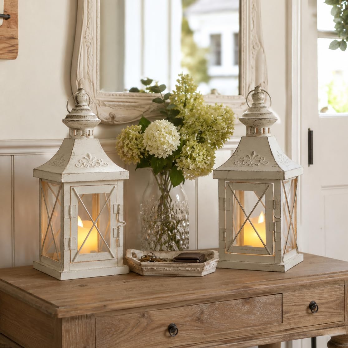 Photo 1 of TRIROCKS Set of 2 Decorative Candle Lanterns, 11" White with Gold Brush
