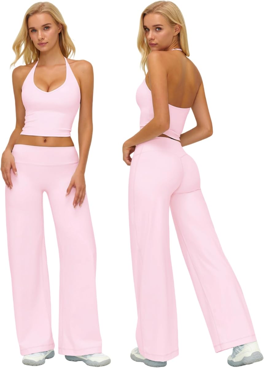 Women 2 Piece Workout Sets Halter Tank Top Wide Leg Leggings | V Neck Halter Tank Top, Adjustable Strap, Removeable Pads, High Waist Straight Leg Yoga Pants Woomens Gym Matching Sets