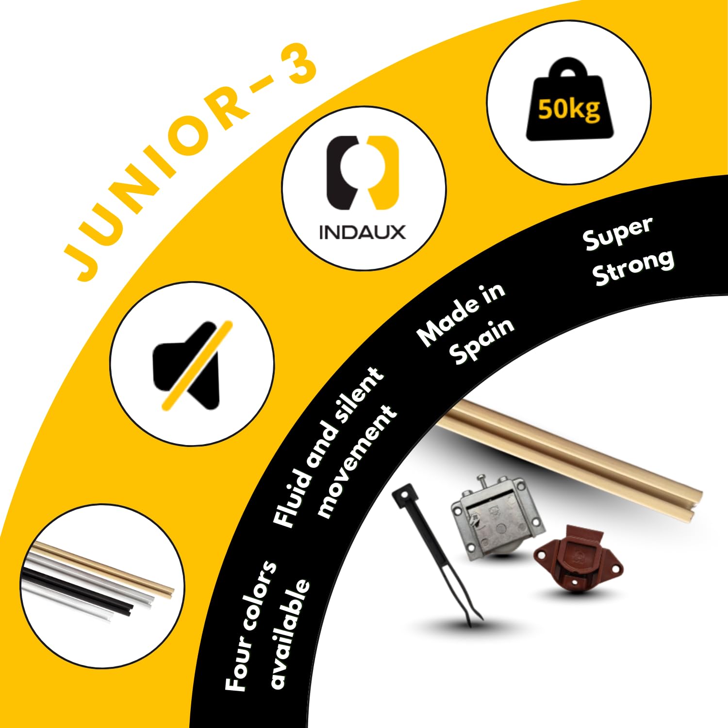 EVOTRADE JUNIOR-3 zestaw okuć do szaf przesuwnych z 2 drzwiami o maksymalnej wadze 50 kg, zestaw z 4 złotymi brązowymi szynami 2 metrami, wózkami i zakończeniem biegania, łatwy montaż