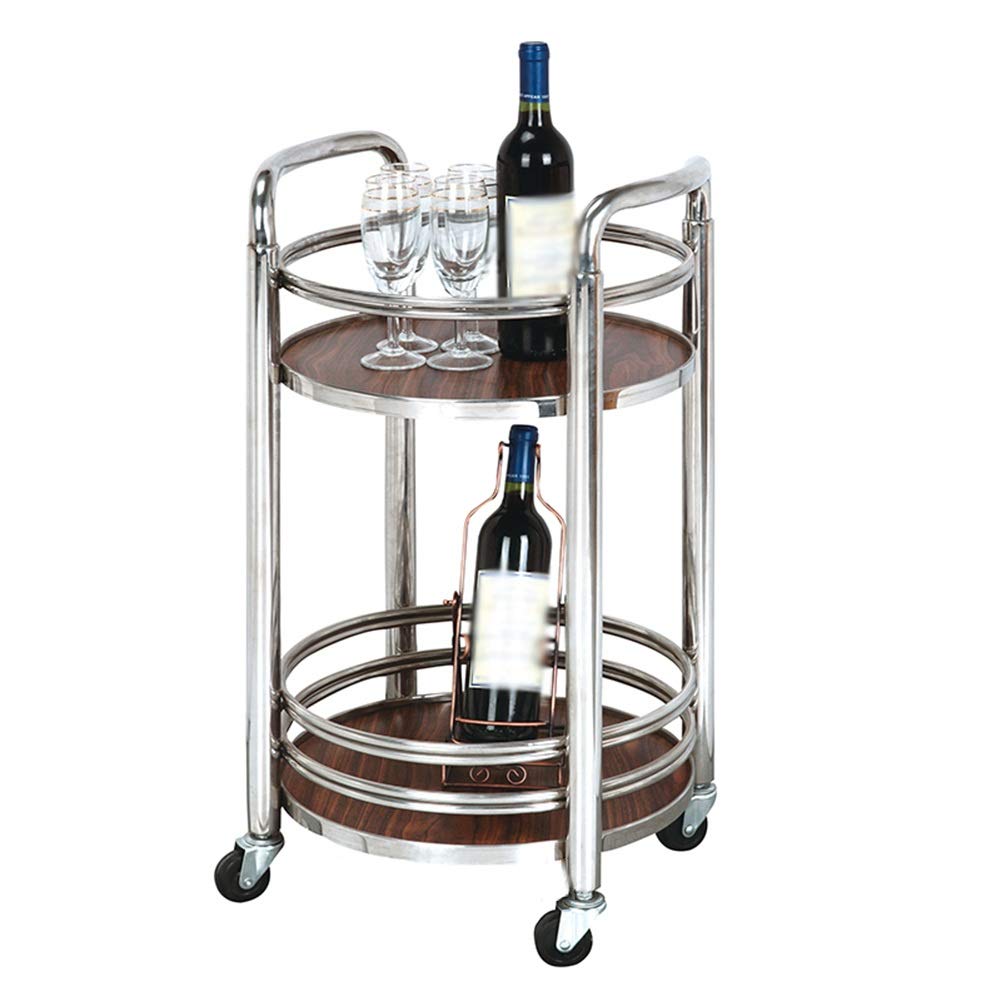 Mesa Carrito Camarera Madera Maciza Puede Moverse Rueda De Goma 2 Bandejas Acero Inoxidable con Barandilla Mesa Redonda Cocina, Carga 20 Kg, 2 Colores (Color : La Plata, Tamaño : 40 x 74 CM)