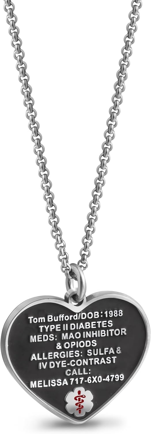 Custom Sterling Silver Medical Alert Necklace for Women Men, Free Engraving Personalized Emergency Medic Heart Pendant Dog Tag Epilepsy Diabetes Life Alert Jewelry