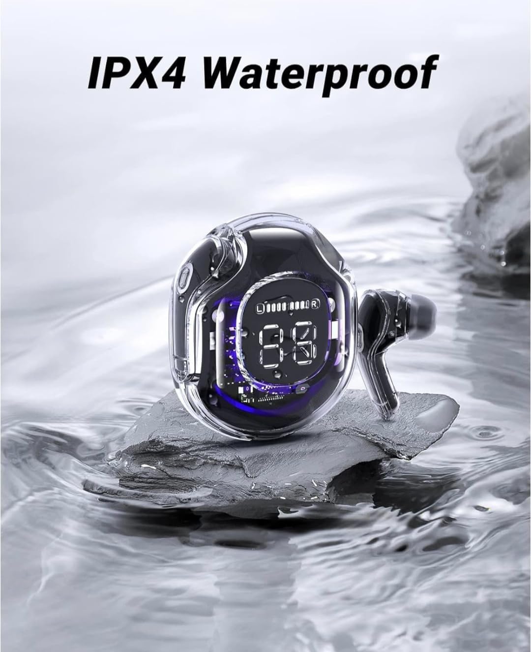 Ultrapods Pro charging case and earbuds with water splashes, indicating IPX4 water resistance