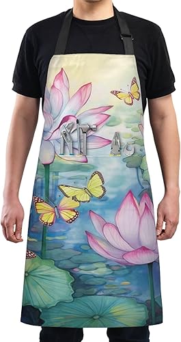 Miniatura 4 de Jihqo Adjustable Bib Apron Butterfly Lotus Flowers Cooking Kitchen Aprons with Pockets, Chef Aprons for Men Women BBQ Baking