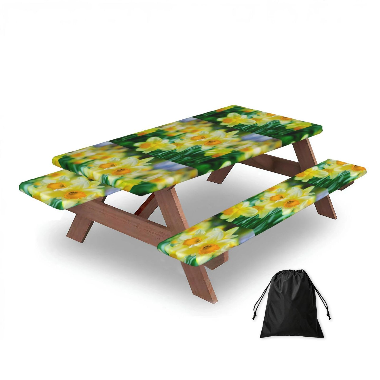 Daffodil Flower Printed, Picnic Table Cover With Bench Covers -Waterproof Elastic Fitted Tablecloth for Garden Camping Patio 76x152cm